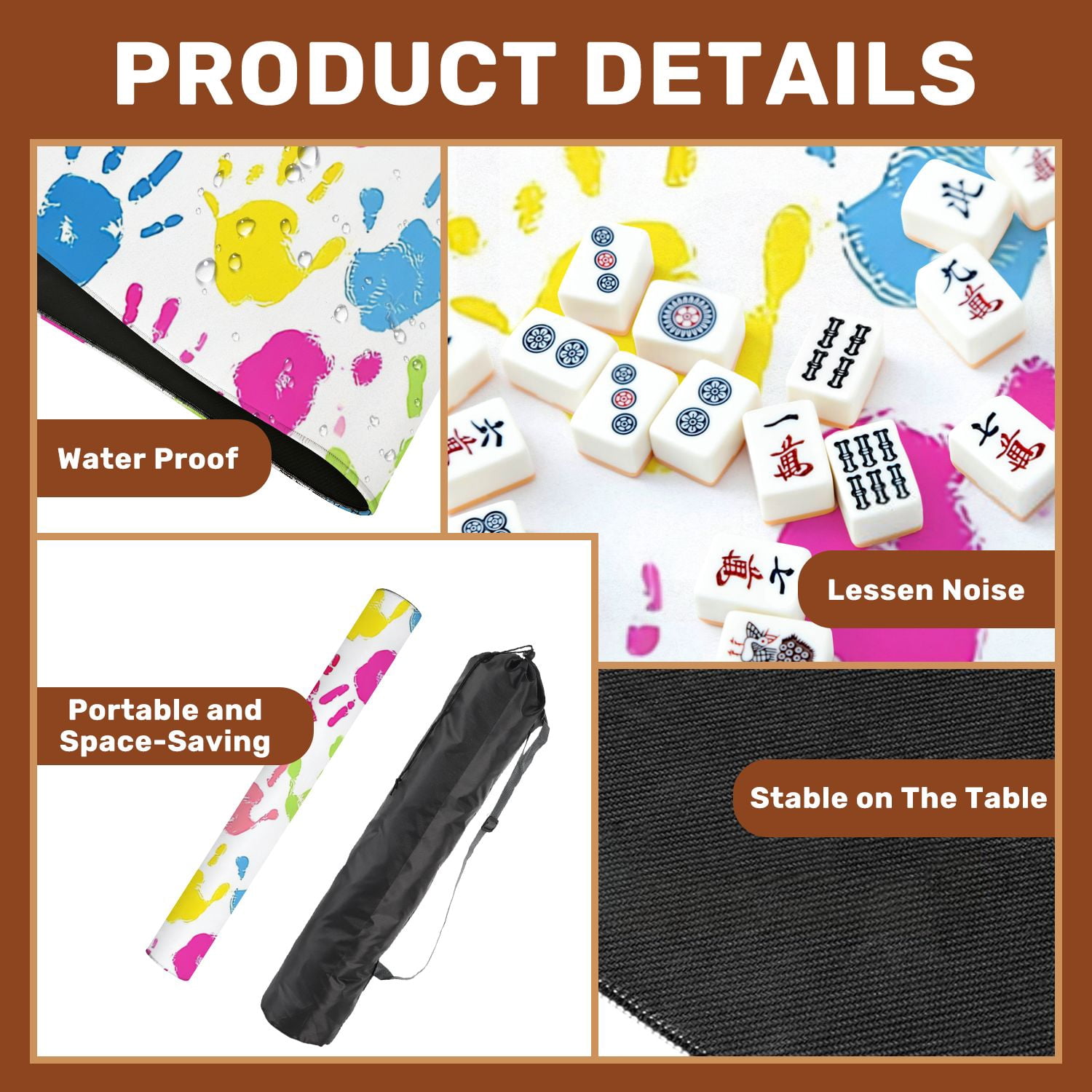 Mahjong Mat 31.5" x 31.5" motherhandprint seamless Non-Slip Noise Reduction American Mahjong Tiles Table Cover for Dominoes Poker Card Board Games Gift