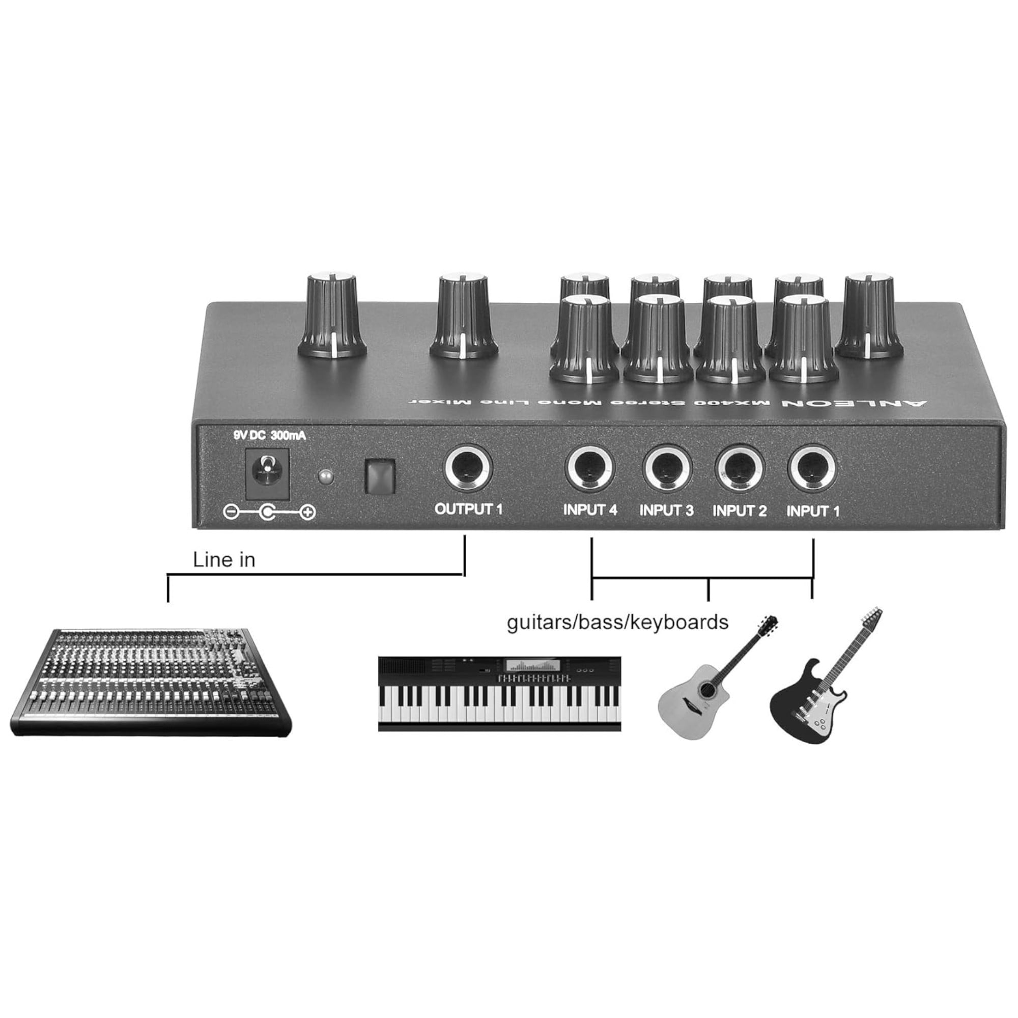 ANLEON MX400 Low-Noise 4-Channel Mono Line Mixer for guitars bass keyboards mix and 5-Channel Stereo Mixer