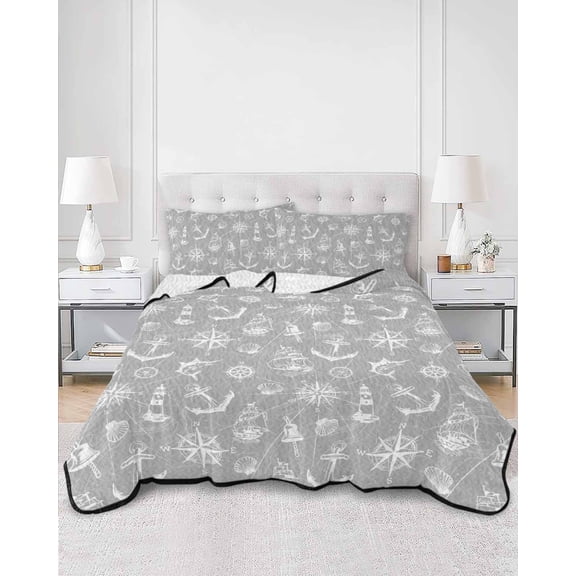 Quilts Full Size, Nautical Grey Soft Comforter Bedding Set for Bed, Retro Sailing Boat Map Anchor Rudder Lightweight Quilted Bedspread with Pillow Cover(2 Pieces) for All Season, 78x90 Inch