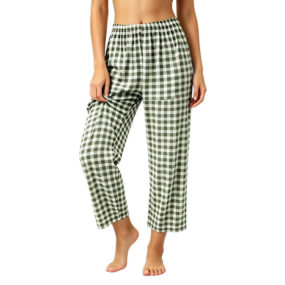 Admvng Women's Plaid Pants Elastic Waist Casual Wide Leg Trousers with Pockets