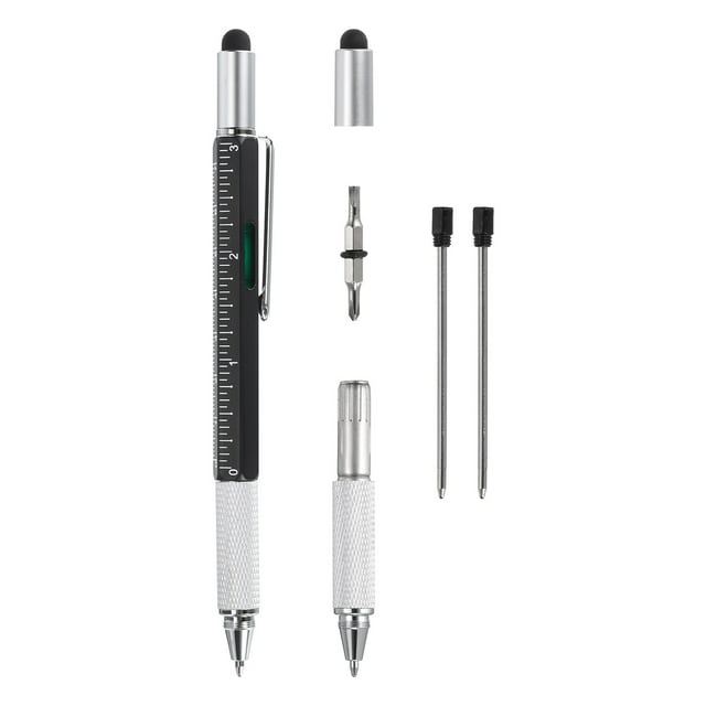 Unique Bargains 6 in 1 Metal Multitool Tech Tool Pen Gifts for Men with Ballpoint Pen, Ruler, Screwdriver, Stylus, Refills, Black