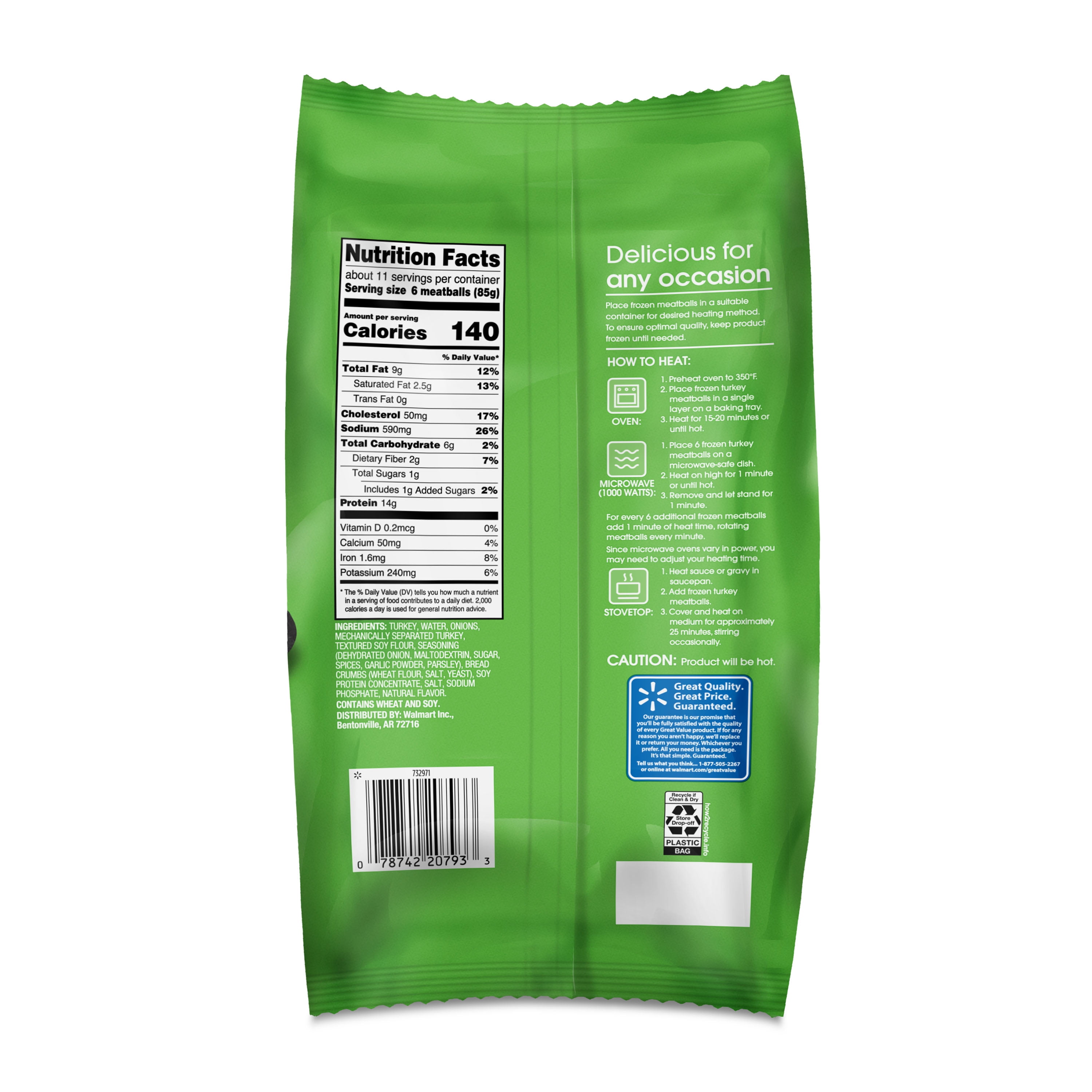 Great Value Fully Cooked Turkey Meatballs, 32 oz, Approximately 64 Meatballs (Frozen)