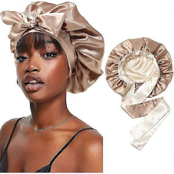 Satin Bonnet Silk Sleep Cap Hair Bonnets For Black Women Stretchy Tie Band Hair Coffee and Champagne