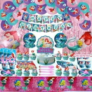 Little Mermaid Birthday Decorations, Mermaid Birthday Party Supplies for Girls with Happy Birthday Banner, Cake Topper, Cupcake toppers, Airel Foil Balloons, Tablecloth, Tableware