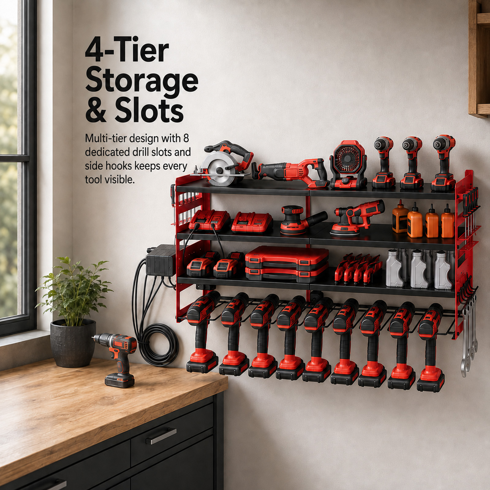 Alvantor 4-Tier Electric Tool Storage Rack with Charging Station, Power Tool Organizer with Screwdriver/Hammer/Air Tool Rack