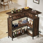 Tribesigns L-Shaped Liquor Bar Table with Stemware Racks and 2-Tier Shelves Corner Mini Bar Cabinet Coffee Bar Table