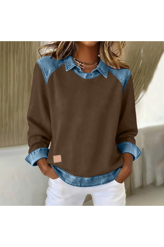 Denim Christmas Tshirt Loose Fit Women Tshirt Ringer Long Sleeve Brown Collared Womens Trendy Tops,S