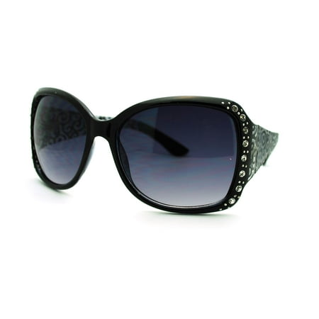 Womens Rhinestone Oversized Rectangular Butterfly Thick Arm Fashion Sunglasses Black