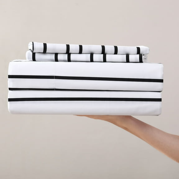 City Scene City Stripe White Cotton Percale Queen Sheet Set