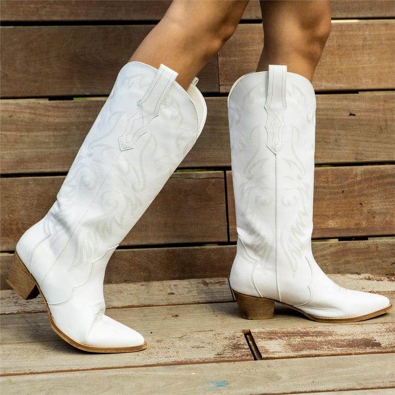 Rollda Cowboy Boots for Women Embroidered White Cowgirl Boots Knee High Western Boots with Chunky Heel Size 11