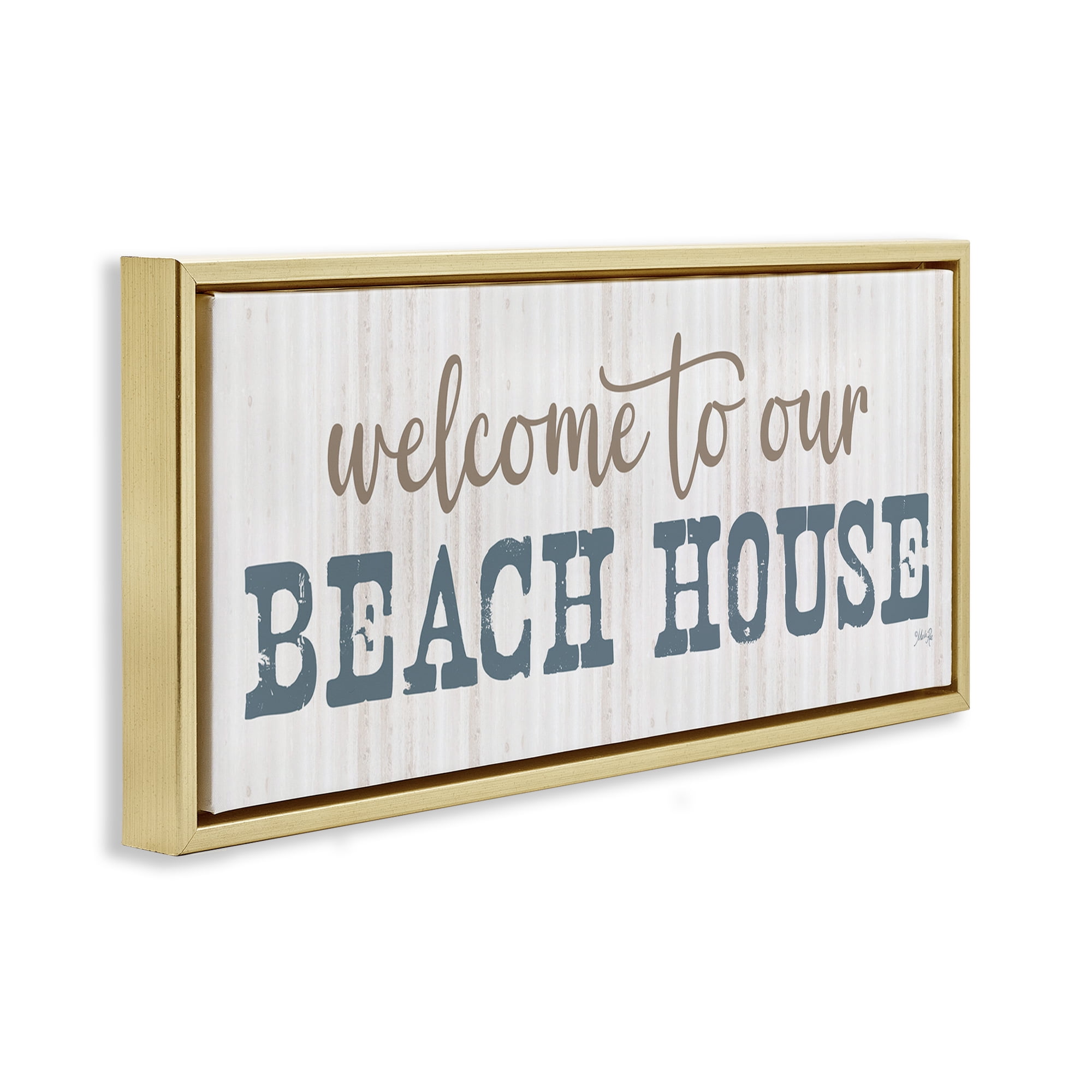 Stupell Industries Welcome Beach House Typography Painting Gold Floater Framed Canvas Art Print Wall Art, 25 x 11