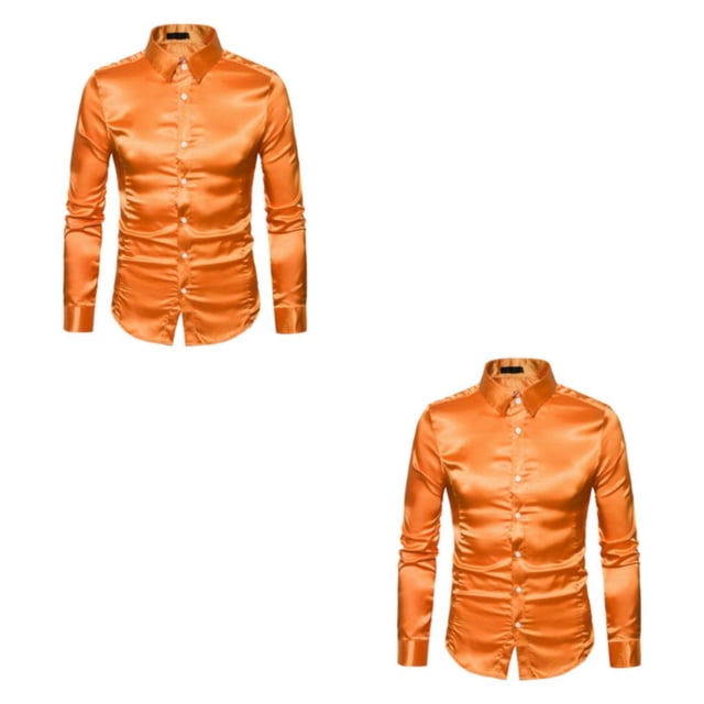 Camisa satinada lisa Qarigey para hombre Casual Slim Fit naranja S 2piezas de secado rápido