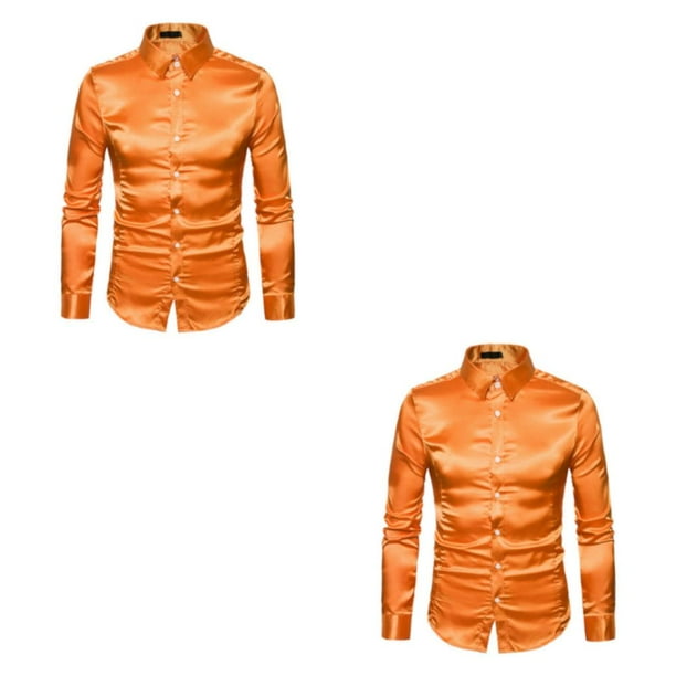 Sonducket Camisa transpirable para hombre Satén con mangas largas - Trabajo Boda o hogar Camisa para hombre Manga larga formal Naranja naranja METRO 2piezas