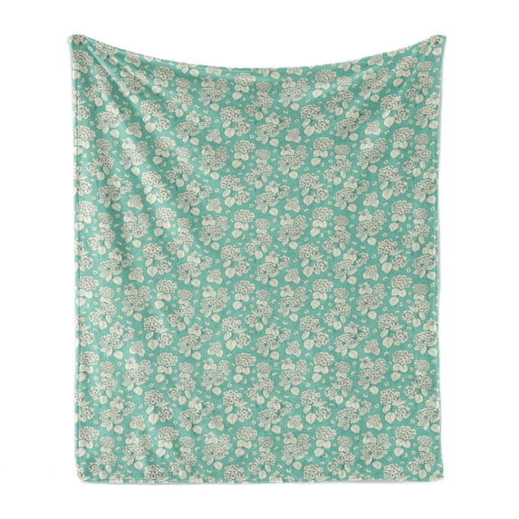 Floral Soft Flannel Fleece Blanket, Hydrangea Flowers Repeating Romantic Feminine Composition on Teal Toned Backdrop, Cozy Plush for Indoor and Outdoor Use, 60" x 80", Teal and Ivory, by Ambesonne