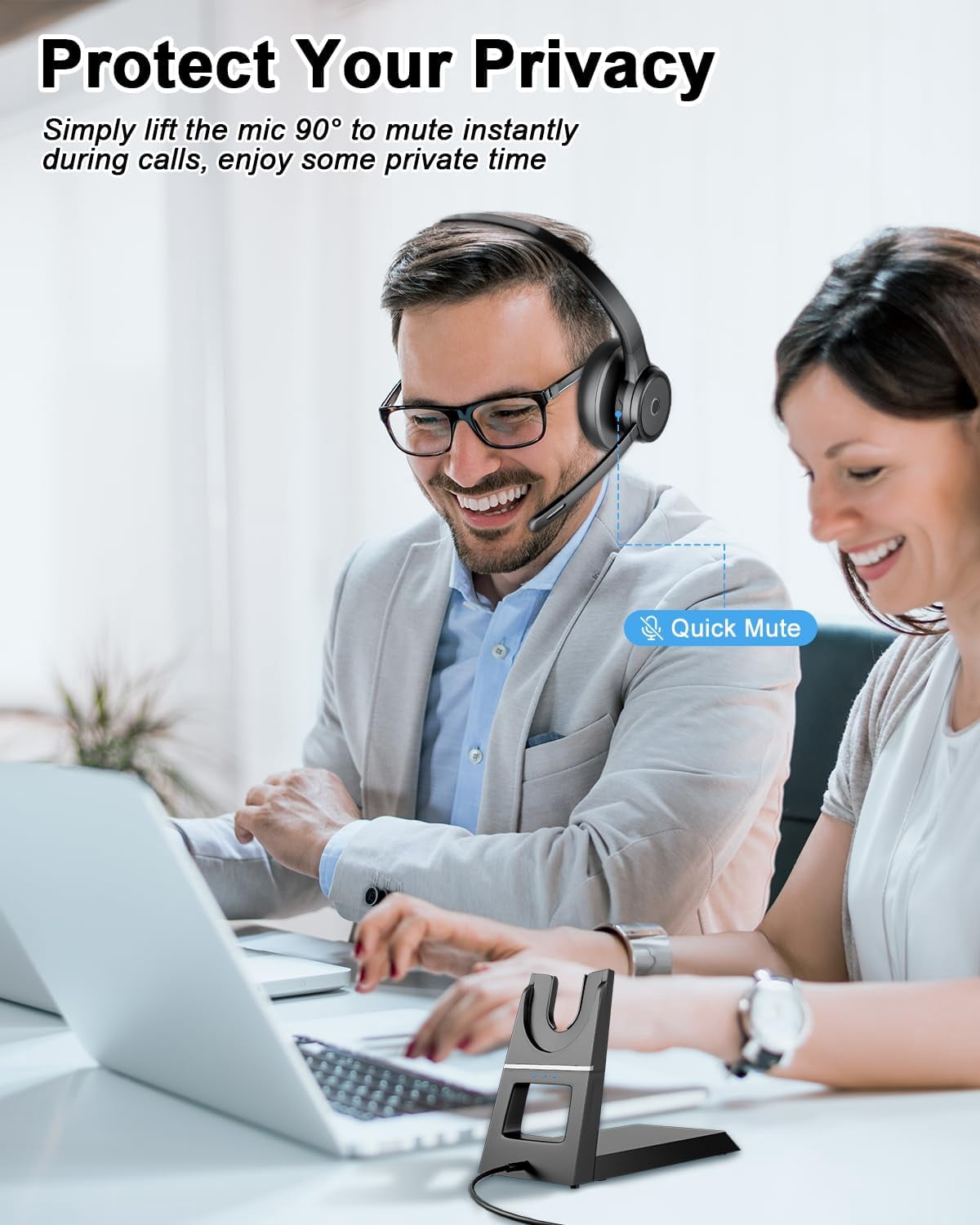 Bluetooth Headset with Noise Cancelling Mic, USB Dongle & Charging Dock, Wireless Computer Headset for PC Laptop Zoom Teams Call Center