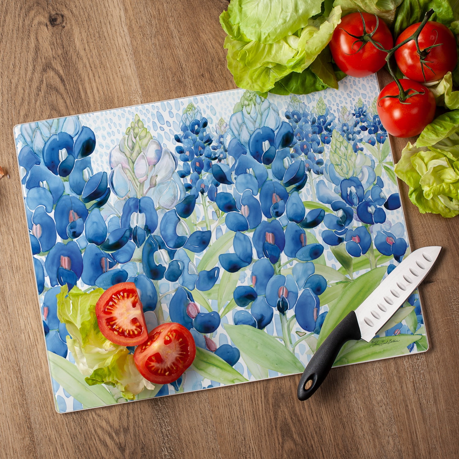 CounterArt Bluebonnets Tempered Glass Cutting Board 15" x 12"