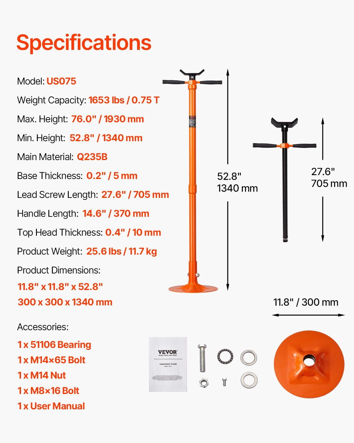 3/4 Ton Underhoist Stand - Adjustable Height 52.8-76 in - Spin Handle Threaded Screw Jack
