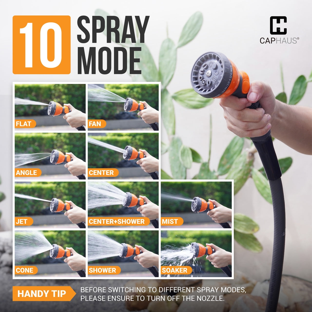 CAPHAUS 25ft Garden Hose 5/8 Inch Water Hose with 10 Spray Patterns Nozzle & 3/4 Inch NH Solid Brass Fittings, Outdoor Durable PVC Flexible Lightweight Hose Working Pressure 350 PSI for All-Weather