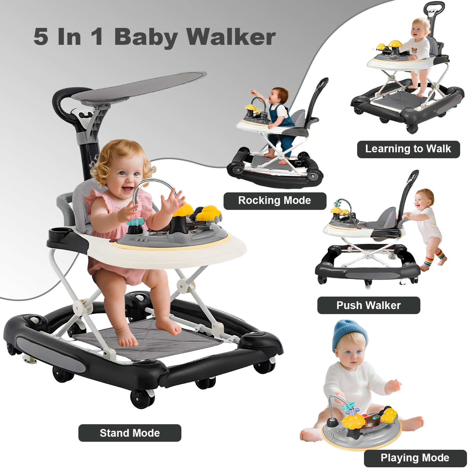 ManyFun 5-in-1 Baby Walker, Musical Activity Push Walker with Detachable Awning Footrest, Adjustable Height, Black