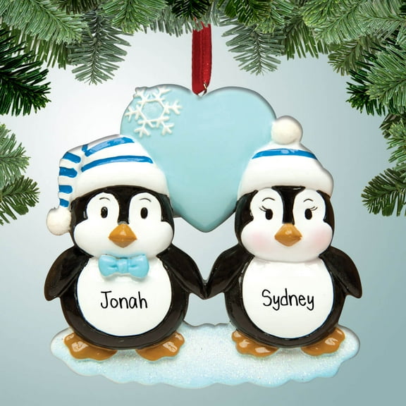 Penguin Couple with Blue Heart - Personalized Christmas Ornament - Just Married - 1st Xmas Together - Perfect Stocking Stuffer