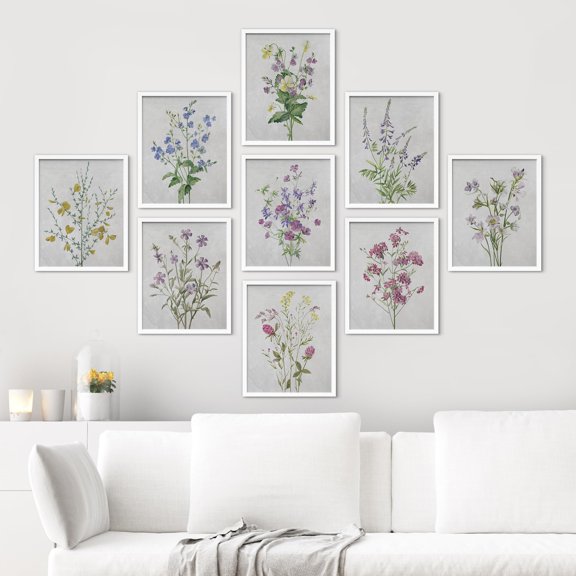 PixonSign Framed Canvas Print Wall Art Set - Colorful Forest Wildflower Bouquet Posters - Set of 9 Boho Floral Botanical Fine Art Vintage Wall Décor for Living Room, Bedroom - 11"x14" White