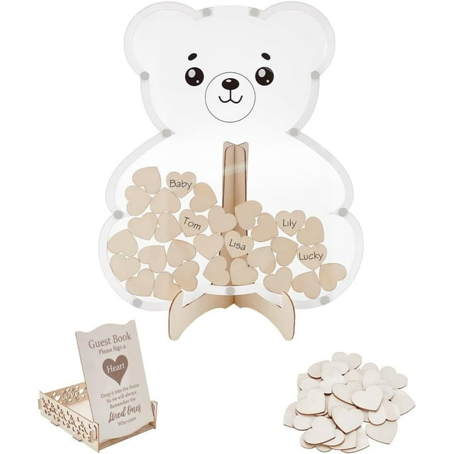 Libro de firmas alternativo para baby shower con temática de osito, decoración con estrellas de madera para 30 invitados, marco de fotos, recuerdo del embarazo
