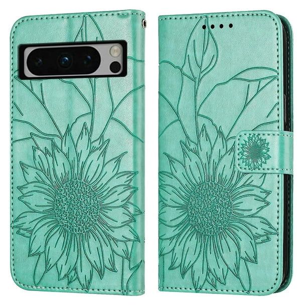 Funda tipo cartera con girasoles grabados para Google Pixel 8 Pro: elegante, multifuncional y con protección total.
