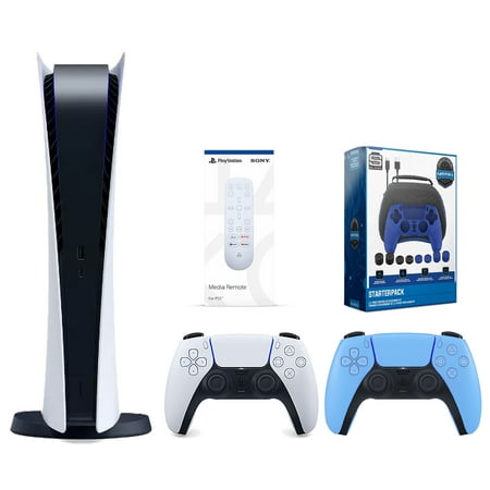 Sony Playstation 5 Digital Edition Console with Extra Blue Controller, Media Remote and Surge Pro Gamer Starter Pack 11-Piece Accessory Bundle