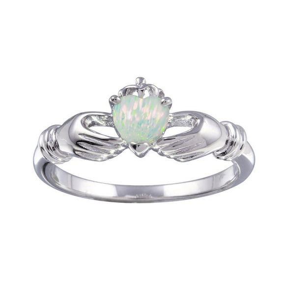 Rhodium Plated 925 Sterling Silver Claddagh Heart Simulated Opal Ring White CZ Female Size 5