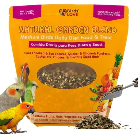 Birds LOVE Natural Garden Blend Bird Food for Medium Birds, Seed and Fruit Blend with Nuts, Vegetables and Grains, Daily Diet Food for Cockatiels, Conures, Ringneck Parakeets and Small Quakers, 4 lb