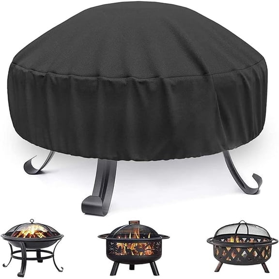 Fire Pit Cover Round 32 In, Outdoor Fire Pit Cover for 28-32 Inches Fire Pits, Windproof Drawstring & Waterproof Layer, Black