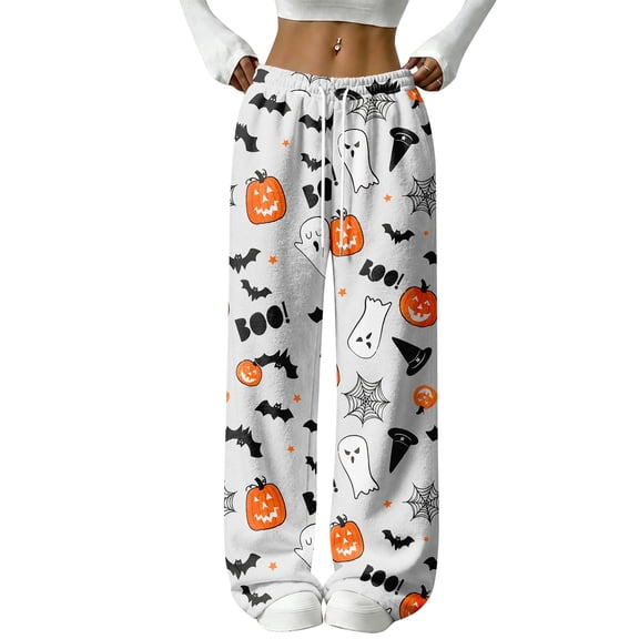 Halloween Baggy Sweatpants for Women Wide Leg Joggers Funny Ghost Print Fall 2026 Casual Flannel Lounge Pants Pajama Holiday Costumes with Pockets,XXL,Rose Gold