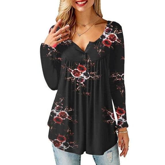 MYLookk Women Long Sleeve Printed Tunic Tops Blouse V Neck Buttons Casual Loose T Shirt