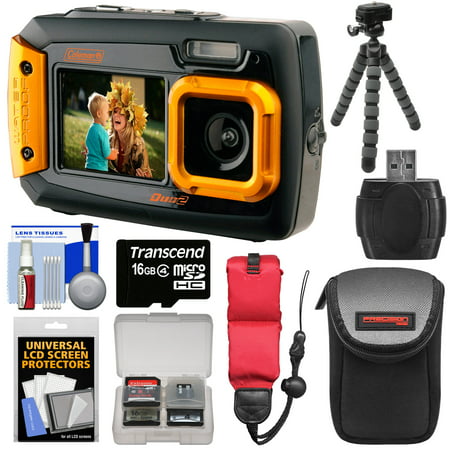 Coleman Duo 2V9WP Dual Screen Shock & Waterproof Digital Camera (Orange) with 16GB Card + Case + Float Strap + Flex Tripod +