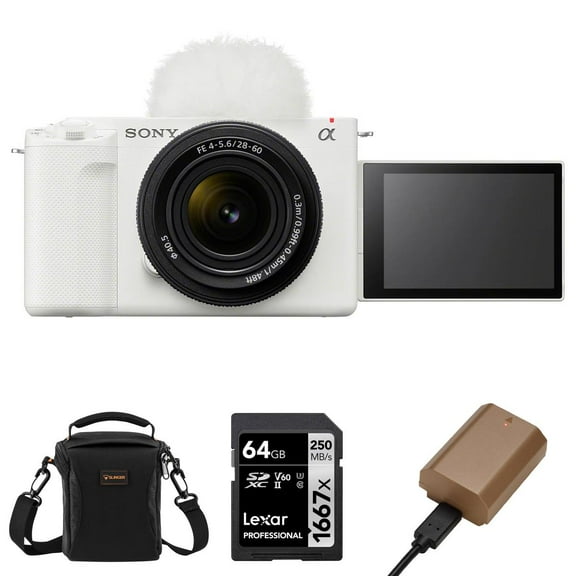 Sony Sony ZV-E1 Full-Frame Interchangeable Lens Mirrorless Vlog Camera with FE 28-60mm f/4-5.6 Lens, White - Bundle with Shoulder Bag, 64GB SD Card, Extra Battery