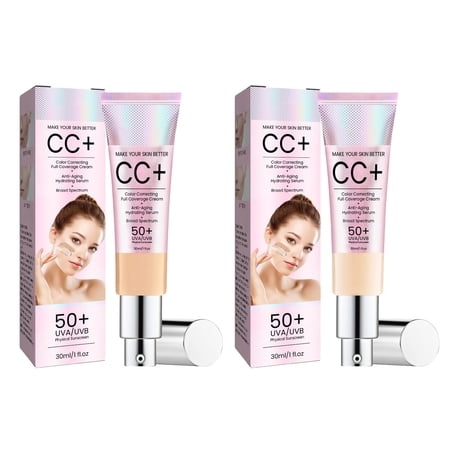 Color correcting cc cream with centella asiatica, Color Correcting CC Cream SPF 50+ with Red Correct - Light Multi-Purpose Facial Concealer Illuminating Finish Soothes & Hydrates (2Pcs)