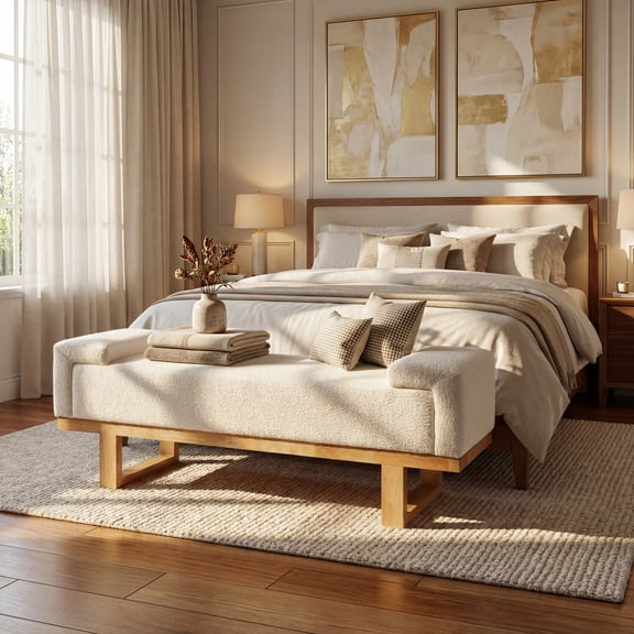 Christopher Knight Home Boucle Upholstered Ottoman Bench with Solid Wood Legs, Ivory and Natural
