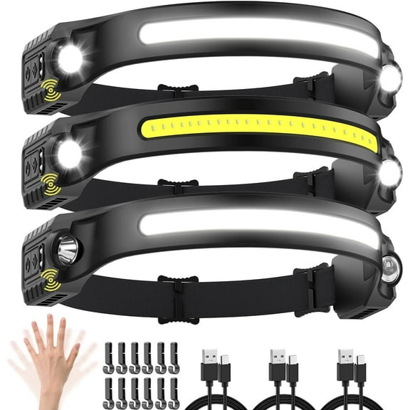 Rechargeable Headlamp with 2 Spotlights, 3Pack LED Headlamp, 230° Wide Beam Head Lamp, Motion Sensor Headlight, 5Mode Head Lights for Forehead Waterproof, Headlamps for Adults Hard Hat Running Camping