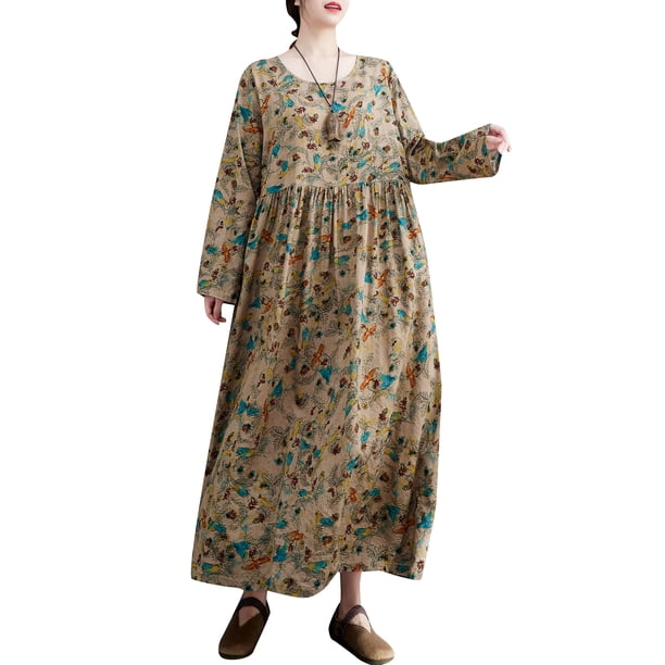 Vestido suelto de mujer con bolsillos Manga larga Impreso Vintage Casual Vestido de vacaciones MABOTO Vestido