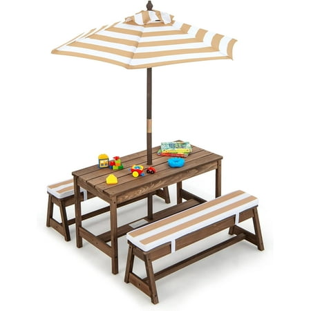 Kids Picnic Table, Outdoor Wooden Table & Bench Set w/Removable Cushions and Umbrella, Stripe Fabric, Children Backyard Furniture for Patio Garden, Gift for Toddler Boys Girls Age 3+(Coffee)