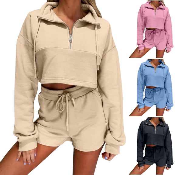 Wlynlyn Sweatsuit for Women 2 Piece Sets Half Zip up Long Sleeve Pullover Tops Drawstring Shorts 2024 Fall Outfits Tracksuits