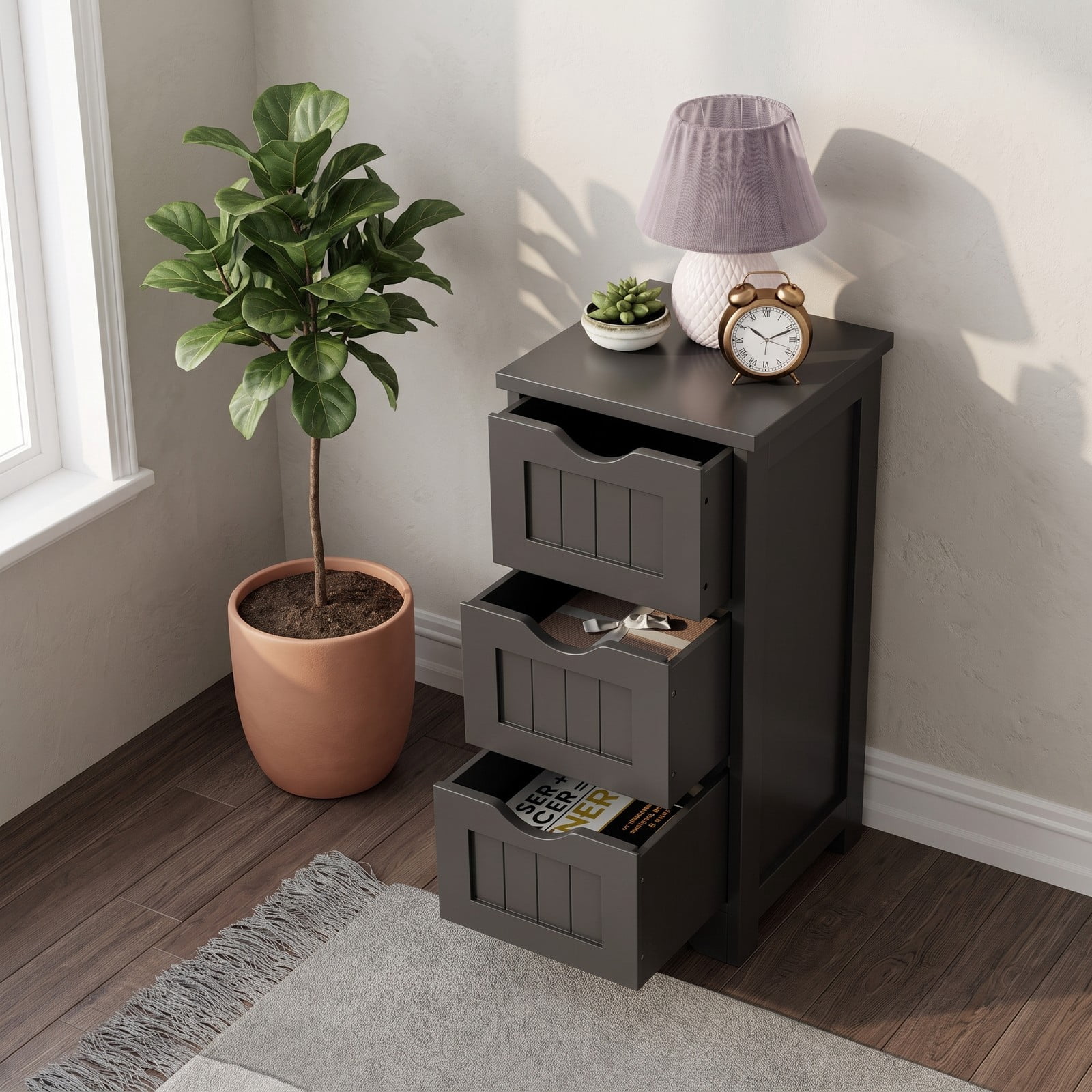 Fenbeli Bathroom Floor Storage Cabinet with 3 Drawers, Freestanding Slim MDF Organizer Tower for Small Bathroom Bedroom, Space-Saving Nightstand Side End Table, Black