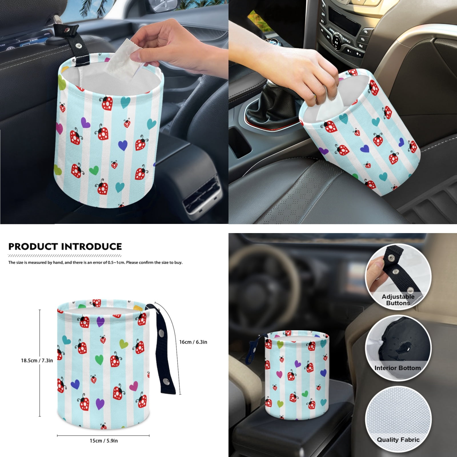Yuyamidu Ladybug Front Rear Car Seat Covers Full Set of 14 Blue Stripes Steering Wheel Cover Seat Belt Pads Coasters Waste Bin Armrest Cover Cup Holders Rearview Mirror Cover Handbrake Cover Set