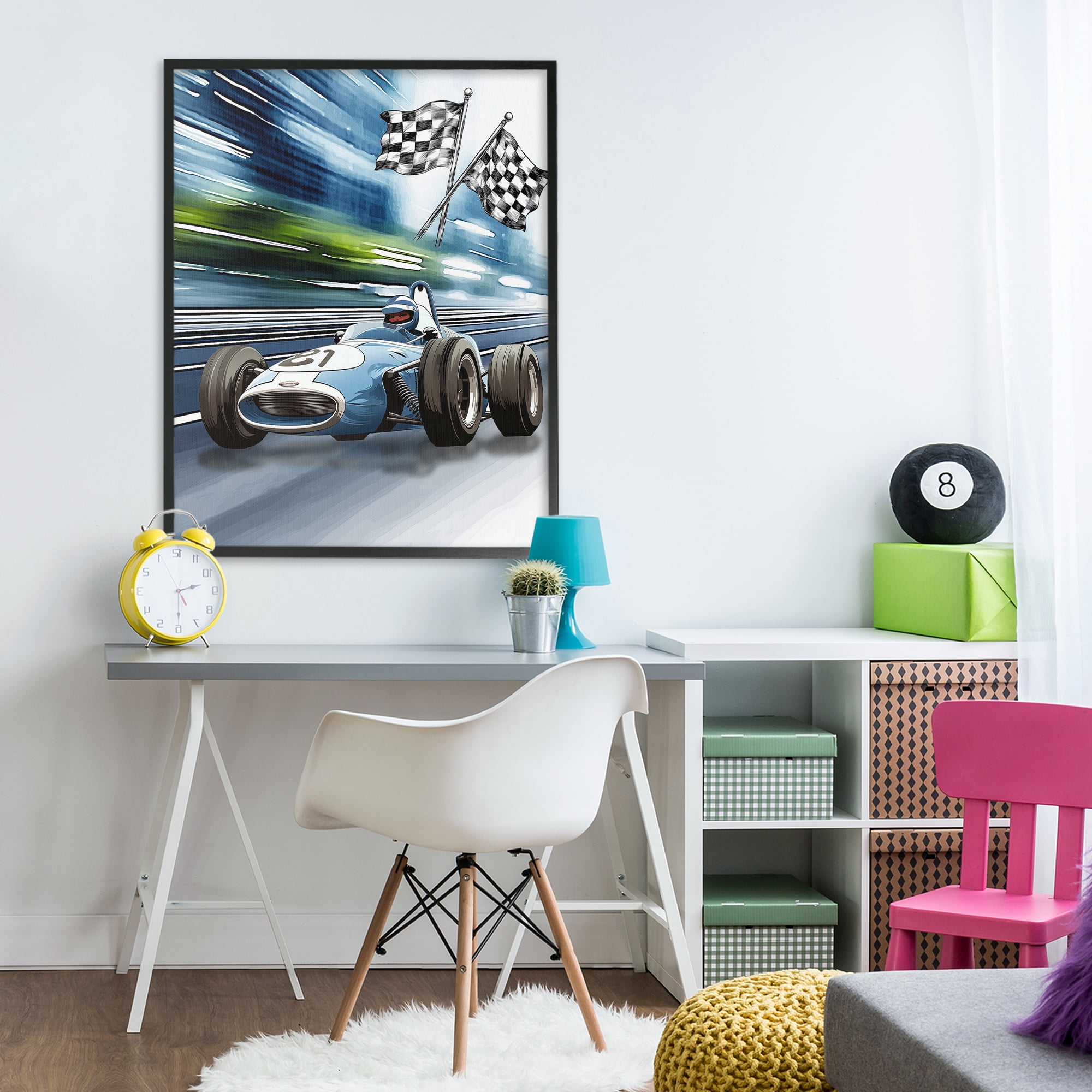 Stupell Industries Speedy Racecar with Flags Black Framed Giclee Art, design by Christine Simpson Art