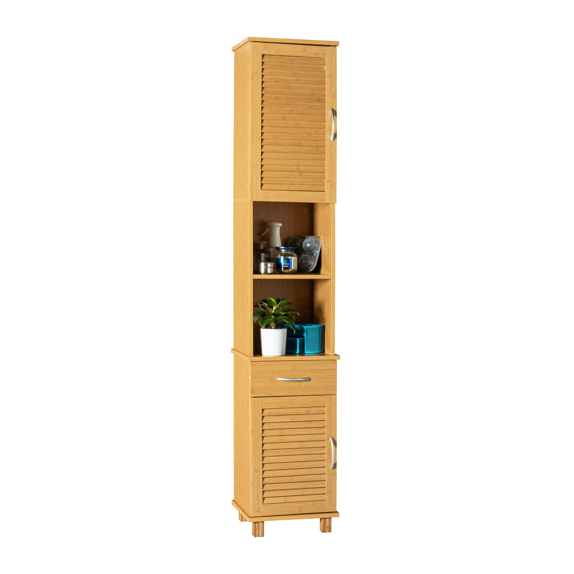 Kadyn Bathroom Slim Linen Tower Storage with 2 Shutter Doors, Floor Cabinet Cupboard Free Standing Organizer for Bathroom, Storage Cabinet with Open Shelves, Brown