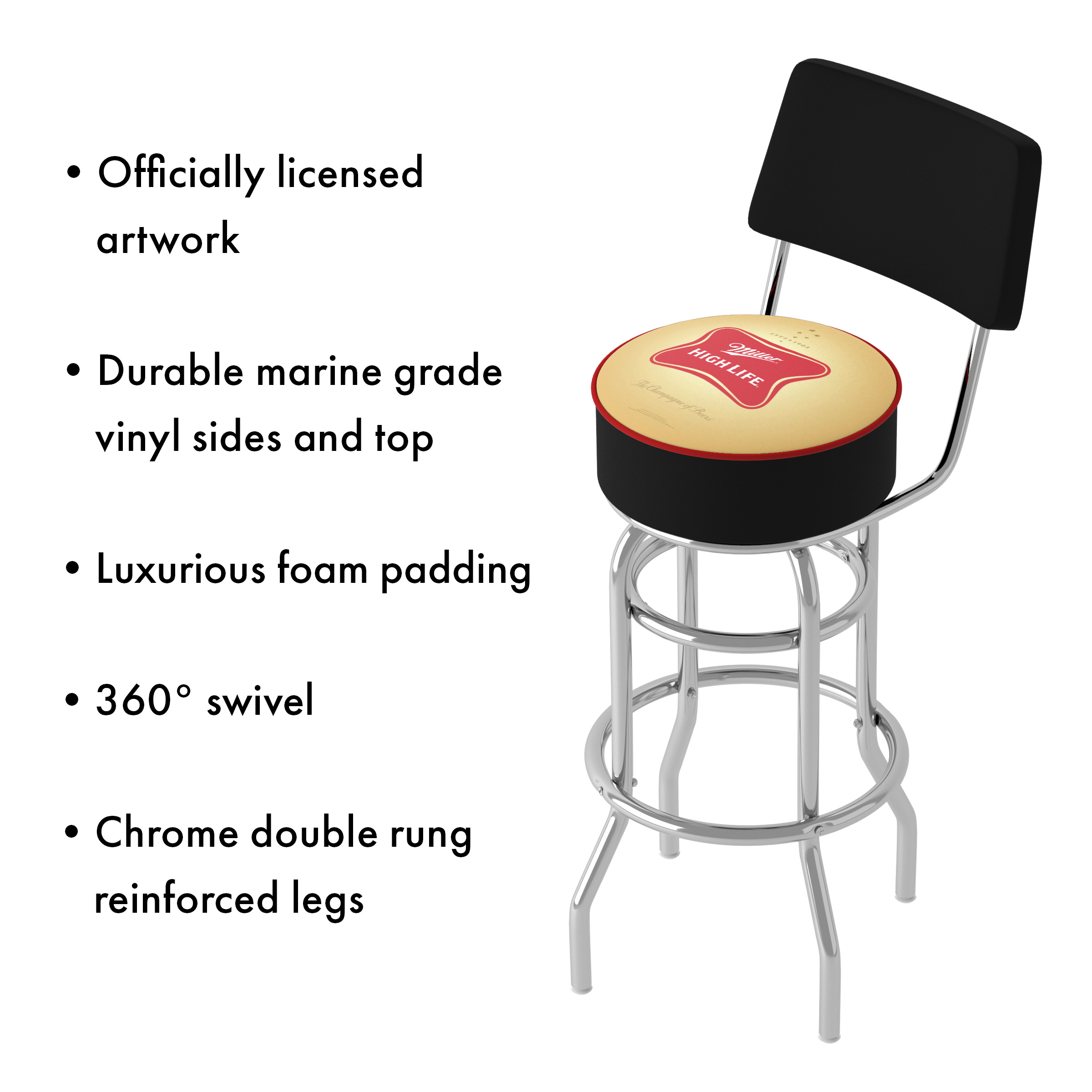 Trademark Gameroom Miller High Life Logo Bar Stool with Back Rest