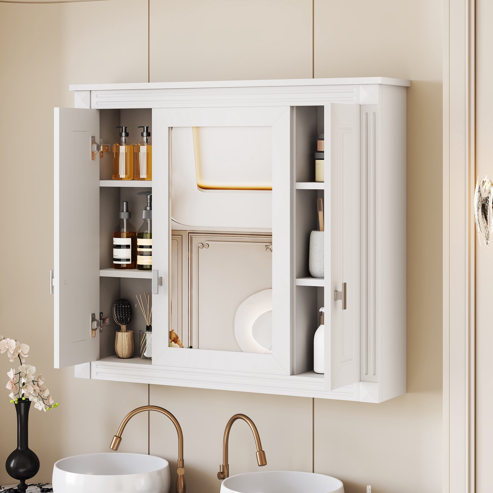 Euroco Bathroom Wall Cabinet with Mirror, Wall Mounted Medicine Cabinet with 4 Shelves, Mirrored Door Over Toilet Storage Cabinet, White