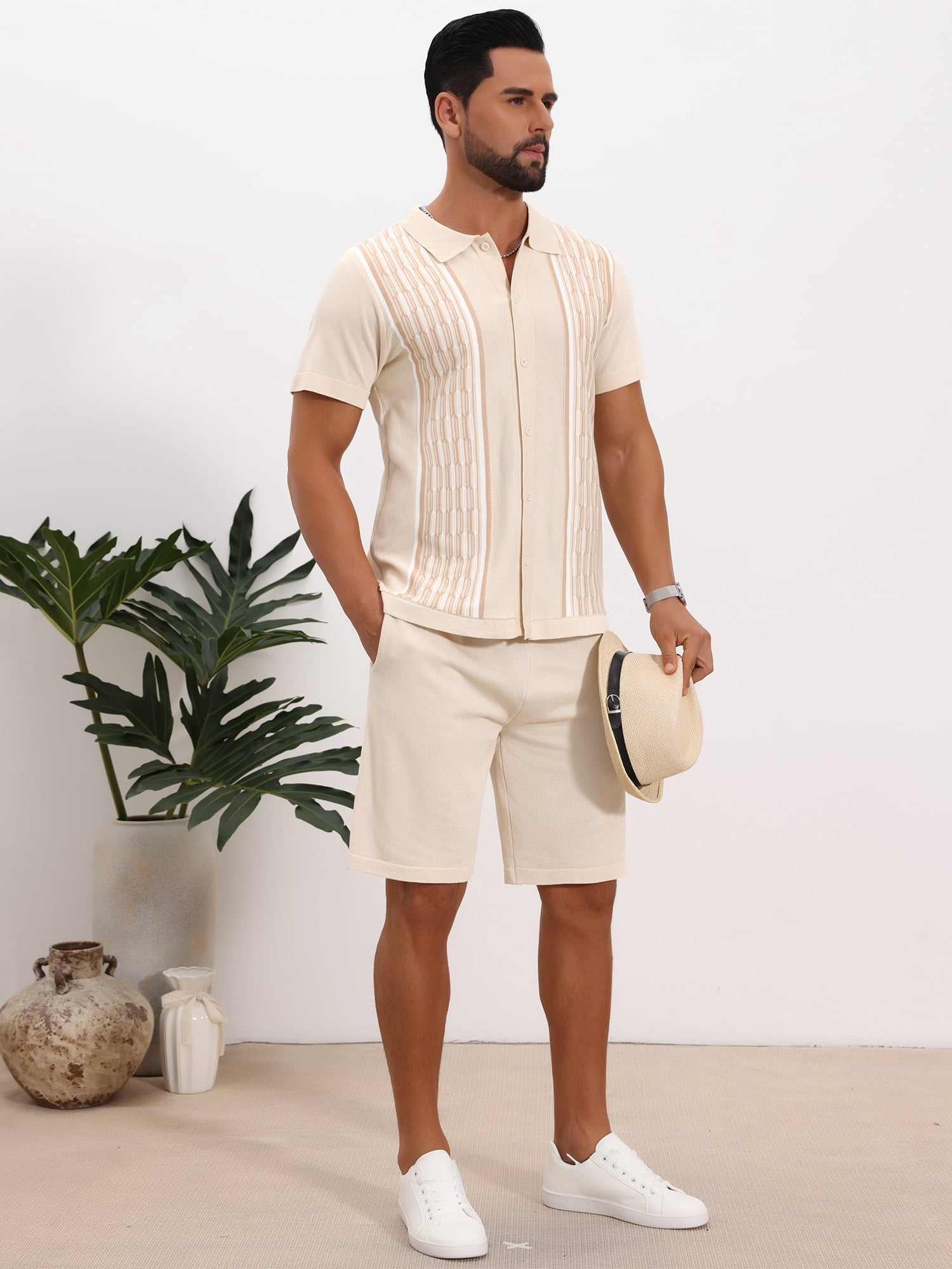 DARING DIVA Men's 2 Pieces Sets Summer Polo Shirt & Shorts Printed Knit Outfits L Beige
