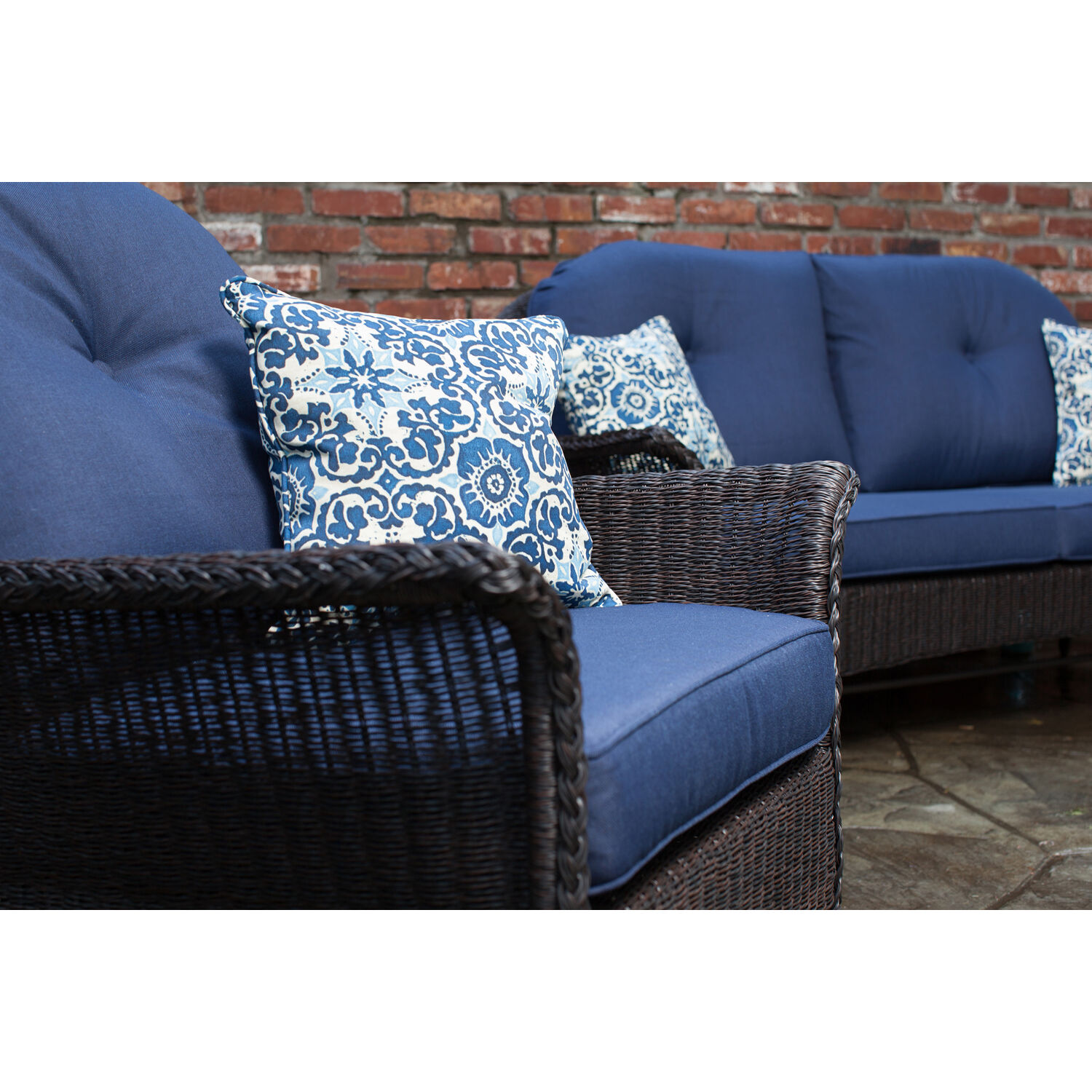 Hanover Sun Porch 6-Pc. Resin Lounge Set w/ Handwoven Loveseat, 2 Armchairs, 2 Ottomans, Coffee Table and Plush Navy Blue Cushions - image 4 of 14