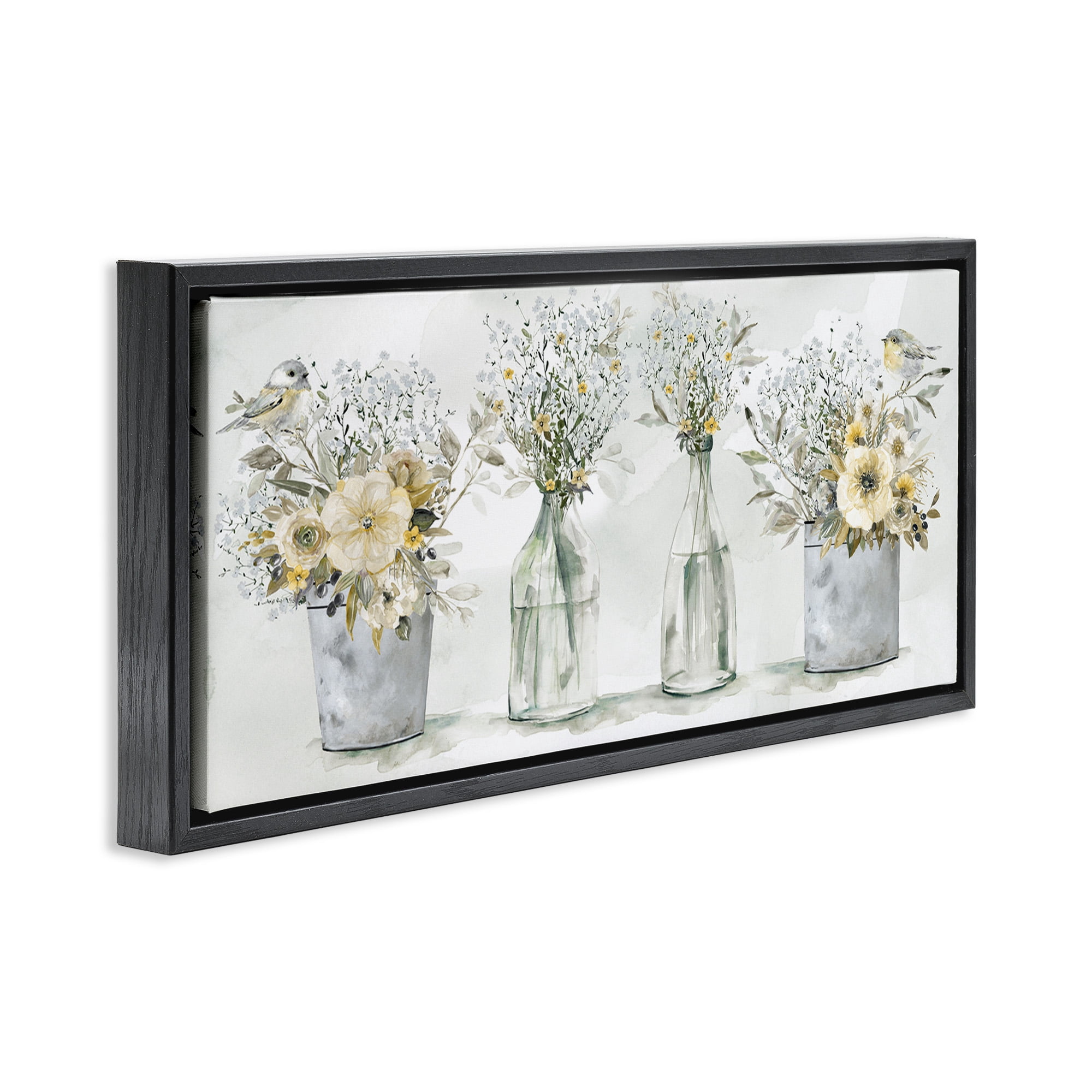 Stupell Industries Songbirds with Floral Bouquets Botanical & Floral Painting Black Floater Framed Canvas Art Print Wall Art, 25 x 11